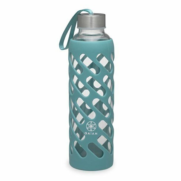 Gaiam Water Bottle Sure-Grip Glass Bottle w/ Protective Silicone Sleeve Viridian - Picture 1 of 2